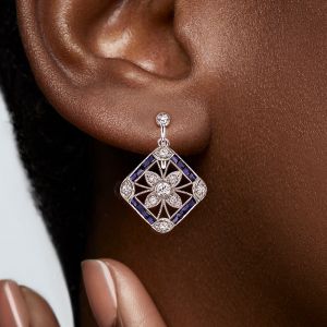 Art Deco Two Tone Round Cut Blue & White Sapphire Drop Earrings