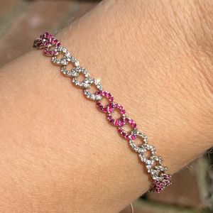 Round Cut White & Ruby Sapphire Curb Bracelet For Women