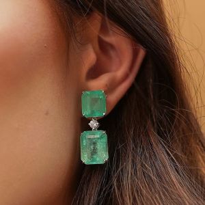 Emerald Cut Emerald Sapphire Drop Earrings For Women