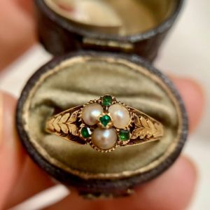 Vintage Golden Pearl & Emerald Sapphire Engagement Ring