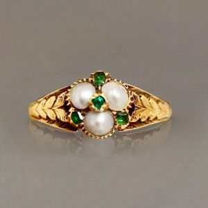 Vintage Golden Pearl & Emerald Sapphire Engagement Ring