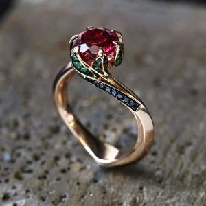 Unique Rose Design Round Cut Ruby Sapphire Engagement Ring