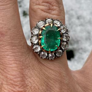 Vintage Halo Cushion Cut Emerald Sapphire Engagement Ring