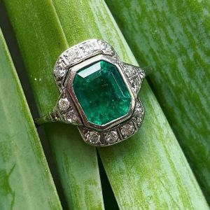 Vintage Halo Emerald Cut Emerald Color Engagement Ring