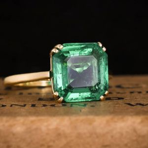 Golden Double Prong Asscher Cut Emerald Sapphire Solitaire Engagement Ring