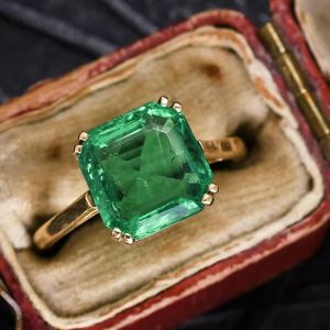 Golden Double Prong Asscher Cut Emerald Sapphire Solitaire Engagement Ring
