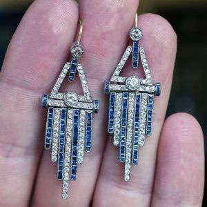 Fringe Design Round Cut Blue & White Sapphire Drop Earrings