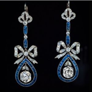Bow Design Round Cut White & Blue Sapphire Drop Earrings