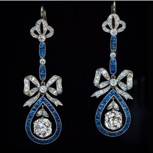 Bow Design Round Cut White & Blue Sapphire Drop Prom Earrings