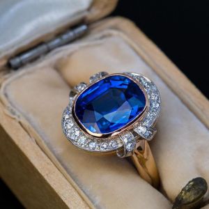 Two Tone Halo Cushion Cut Blue Sapphire Engagement Ring