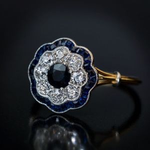 Two Tone Halo Round Cut Blue Sapphire Engagement Ring