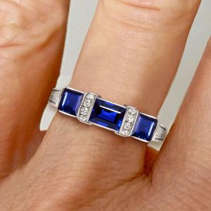 Three Stone Emerald Cut Blue Sapphire Engagement Ring