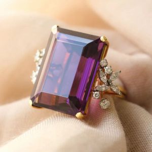 Two Tone Emerald Cut Purple Sapphire Engagement Ring