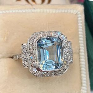 Halo Emerald Cut Aquamarine Engagement Ring Promise Ring
