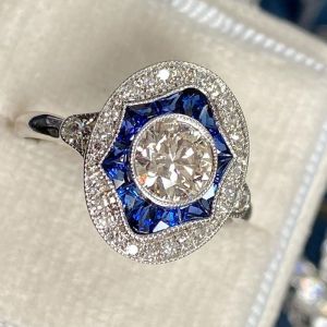 Vintage Halo Round Cut White & Blue Sapphire Engagement Ring