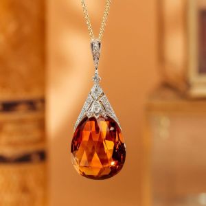 Vintage Drop Shape Orange Sapphire Pendant Necklace