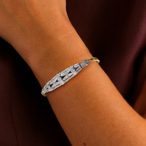 Vintage Milgrain Two Tone Round Cut Blue & White Sapphire Tennis Bracelet