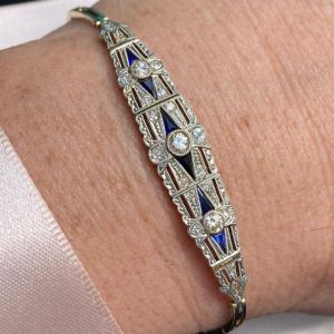 Vintage Milgrain Two Tone Round Cut Blue & White Sapphire Tennis Bracelet