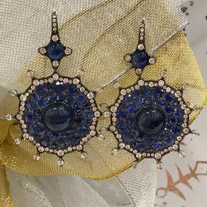 Unique Black Round Cut Blue & White Sapphire Drop Earrings