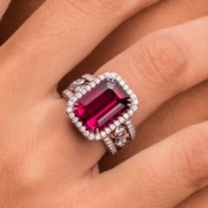 Halo Emerald Cut Ruby Sapphire Engagement Ring For Women