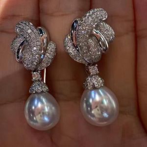 Unique Round Cut White Sapphire & Pearl Drop Earrings