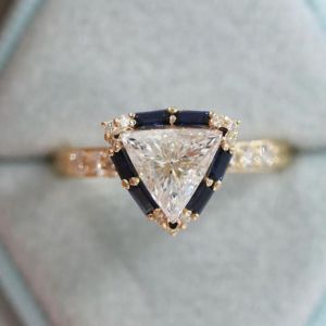 Halo Triangle Cut White & Blue Sapphire Engagement Ring