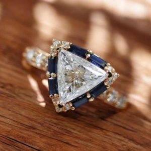 Halo Triangle Cut White & Blue Sapphire Engagement Ring