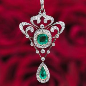 Art Deco Two Tone Cushion Cut Emerald Color Pendant Necklace