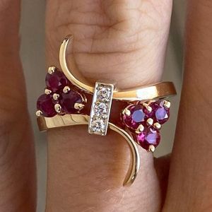 Unique Bow Design Two Tone Round Cut Ruby Engagement Ring