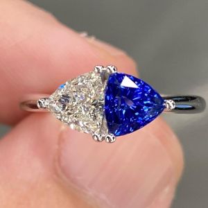 Trilliant Cut Blue & White Sapphire Engagement Ring