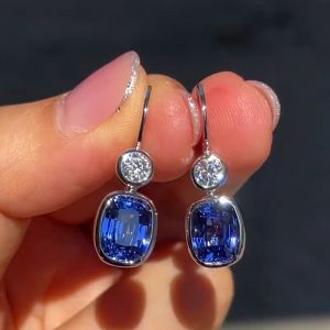Classic Cushion Cut Blue Sapphire Drop Earrings For Women