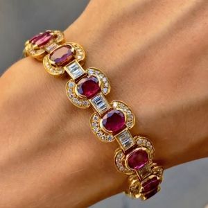 Vintage Halo Golden Oval Cut Ruby Sapphire Tennis Bracelet For Women