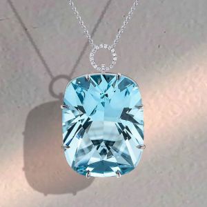 Classic Cushion Cut Aquamarine Pendant Necklace For Women