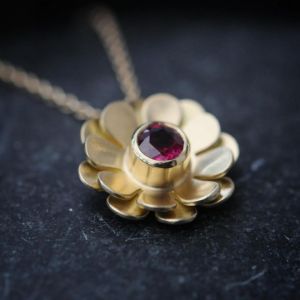 Golden Flower Round Cut Ruby Sapphire Pendant Necklace