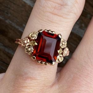 Art Deco Golden Emerald Cut Garnet Sapphire Engagement Ring For Women