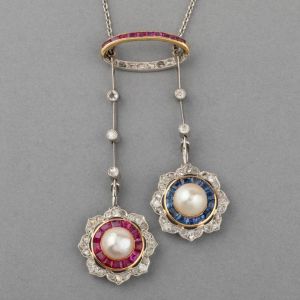 Art Deco Ruby & Blue Sapphire & Pearl Pendant Necklace