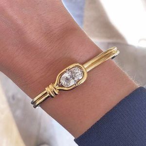 Golden Cushion Cut White Sapphire Bangle Bracelet For Women
