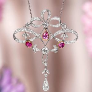 Art Deco Round Cut Pink & White Sapphire Pendant Necklace