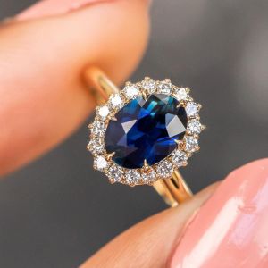 Golden Oval Cut Blue Sapphire Engagement Ring For Women