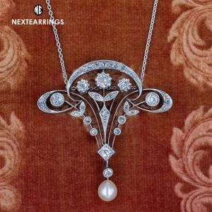 Art Deco Round Cut White Sapphire & Pearl Pendant Necklace