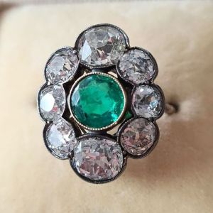 Vintage Halo Round Cut Emerald Sapphire Engagement Ring