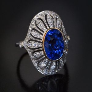 Art Deco Two Tone Blue Sapphire Oval Cut Halo Engagement Ring For Women