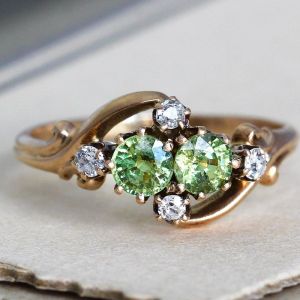 Golden Two Stone Round Cut Green Sapphire Engagement Ring