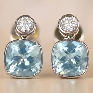 Vintage Bezel Cushion Cut Aquamarine Sapphire Drop Earrings