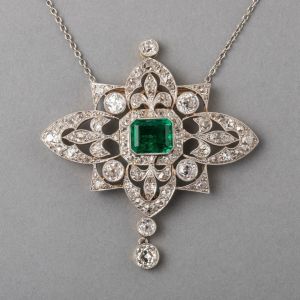 Art Deco Emerald Cut Emerald Sapphire Pendant Necklace
