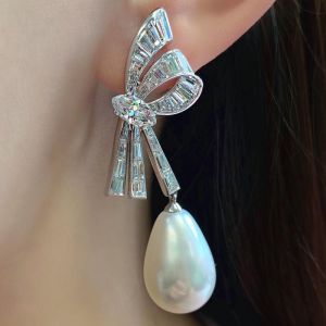 Cute White Sapphire & Pearl Pear Cut Drop Earrings For Women