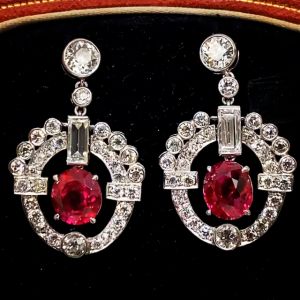 Vintage Halo Oval Cut Ruby Sapphire Drop Earrings For Women