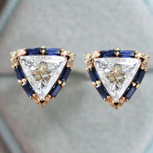 Halo Triangle Cut White & Blue Sapphire Stud Earrings