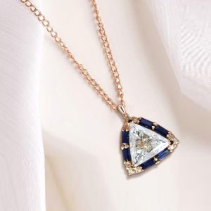 Halo Triangle Cut White & Blue Sapphire Pendant Necklace