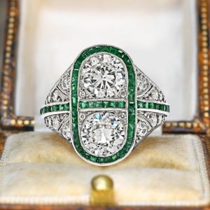 Vintage Round Cut White & Emerald Sapphire Engagement Ring